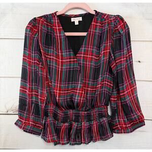 Riley‎ & Rae Sz XS Blouse Plaid Holiday Party Rouched Ruffled